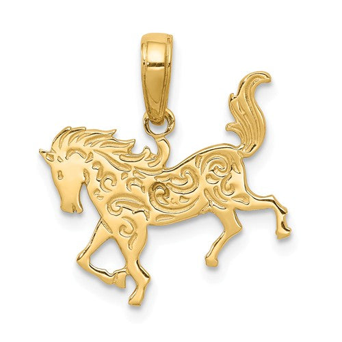 14k Yellow Gold Filigree Textured Horse Pendant- Sparkle & Jade-SparkleAndJade.com C3505