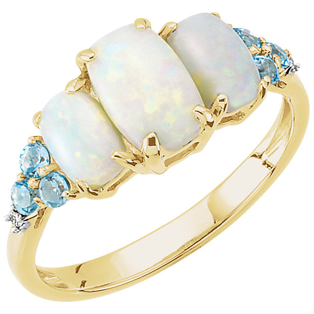 14k Yellow Gold Genuine Opal, Swiss Blue Topaz & Diamond Ring- Sparkle & Jade-SparkleAndJade.com 68167:101:P
