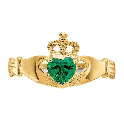 14k Yellow Gold Green Heart Polished Claddagh Ring- Sparkle & Jade-SparkleAndJade.com D558