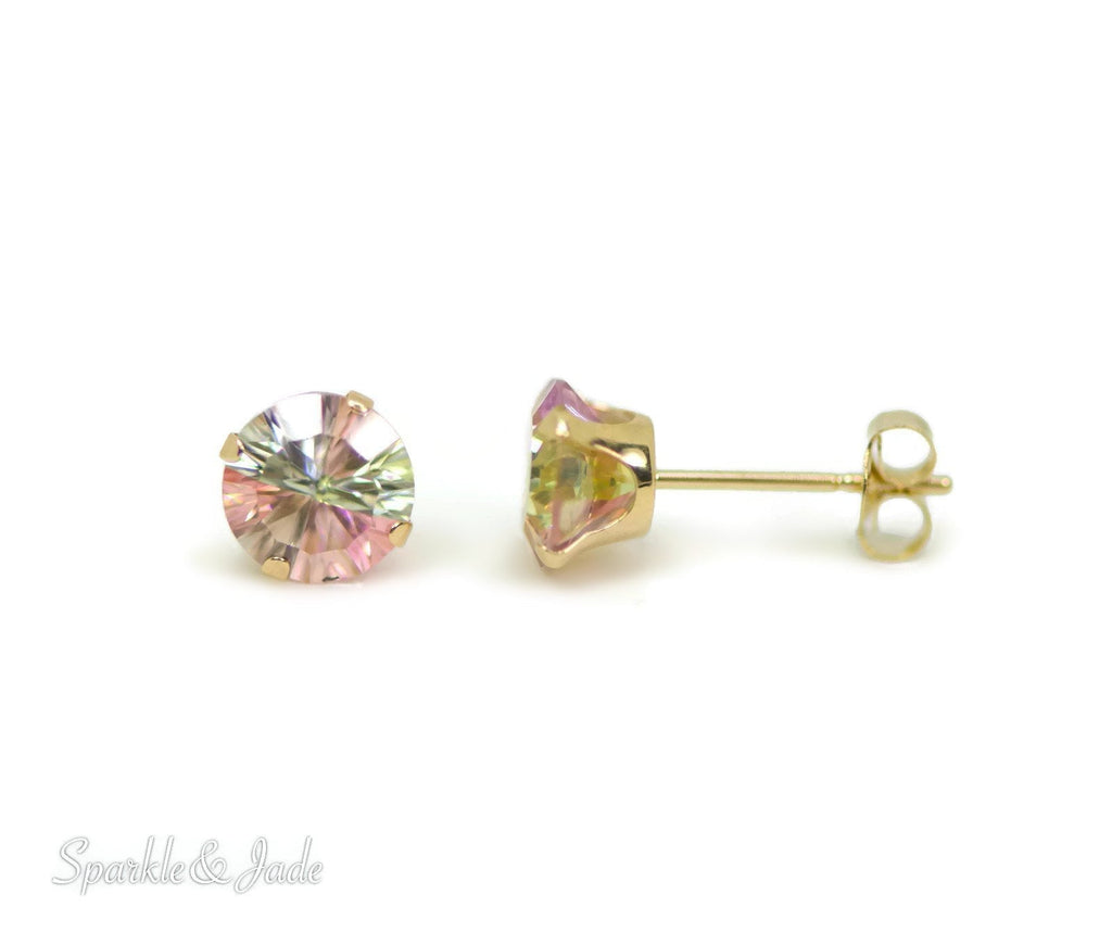 14k Yellow Gold Multi-Color Pink and Yellow CZ 6mm Post Earrings- Sparkle & Jade-SparkleAndJade.com SE2301