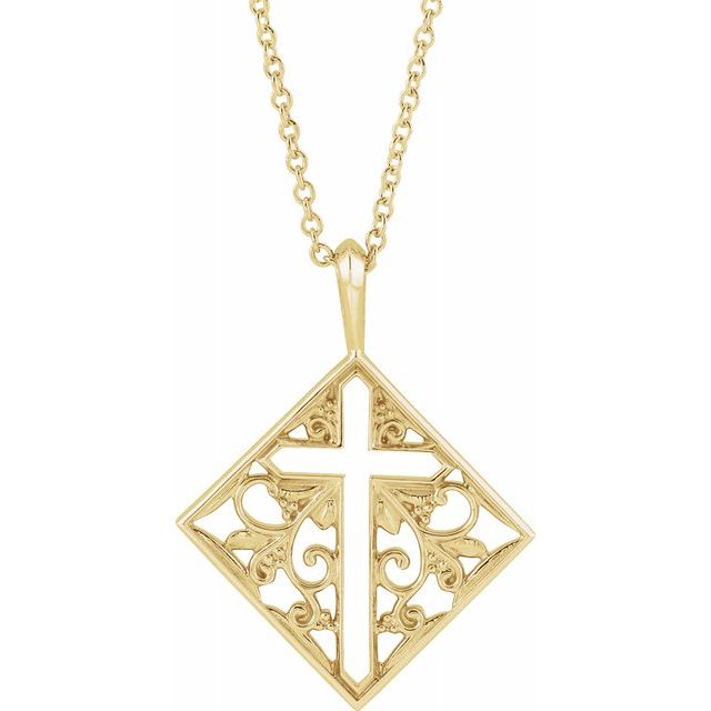 14k Yellow Gold Ornate Pierced Cross 16-18" Necklace- Sparkle & Jade-SparkleAndJade.com R42397:107:P