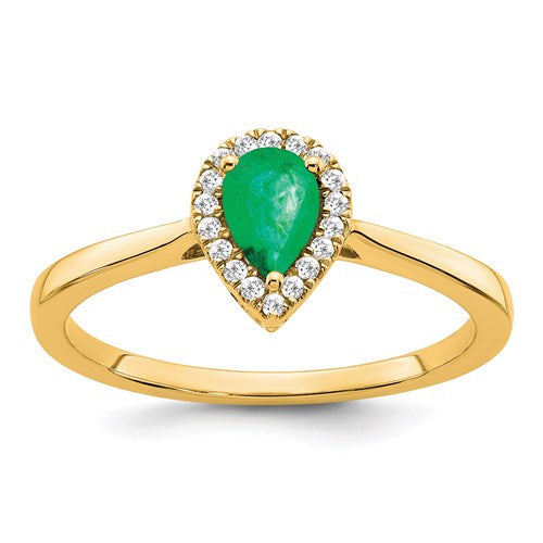 14k Yellow Gold Pear Genuine Emerald And Diamond Halo Ring- Sparkle & Jade-SparkleAndJade.com RM7237-EM-009-YA