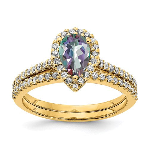 14k Yellow Gold Pear Mystic Fire Topaz and Diamond Halo Engagement Ring- Sparkle & Jade-SparkleAndJade.com RM6367E-FT-024-YAA