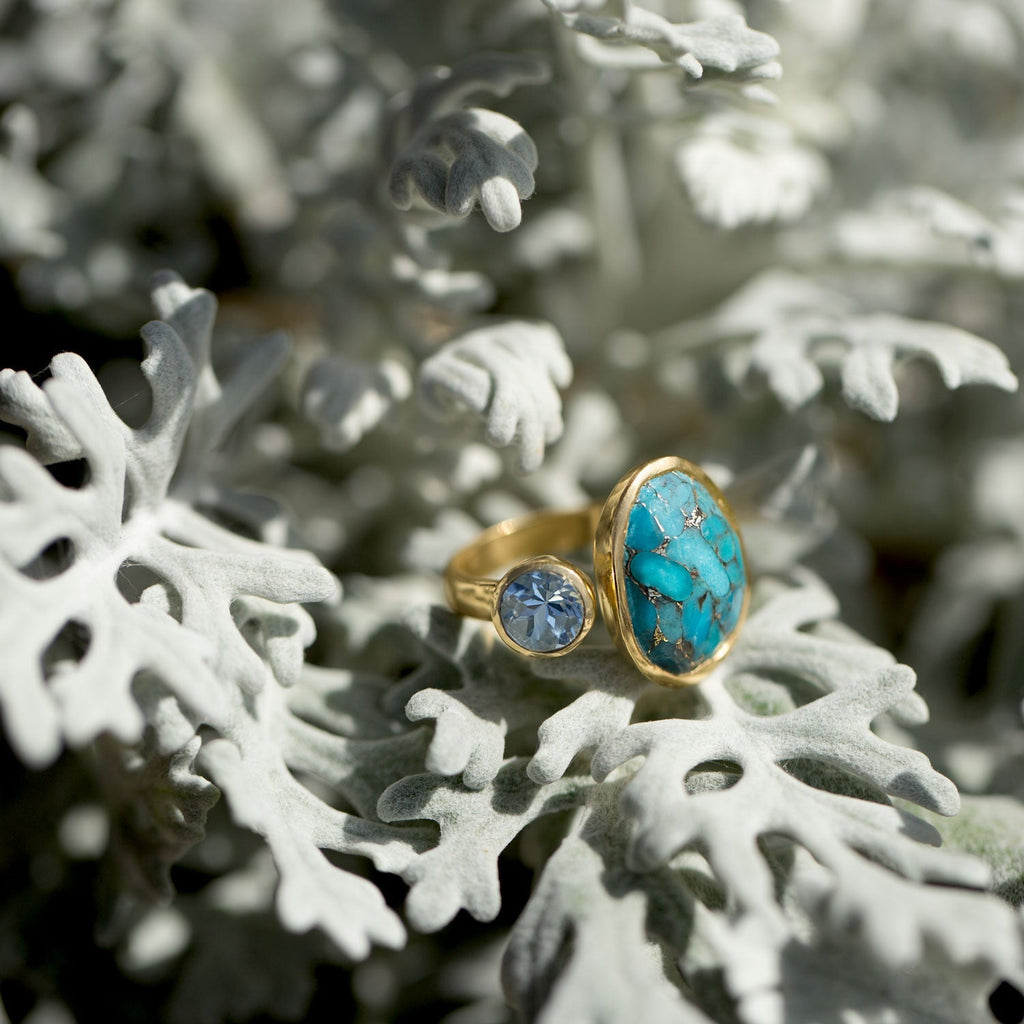 14k Yellow Gold Plated Sterling Silver Blue Topaz and Turquoise Ring- Sparkle & Jade-SparkleAndJade.com 