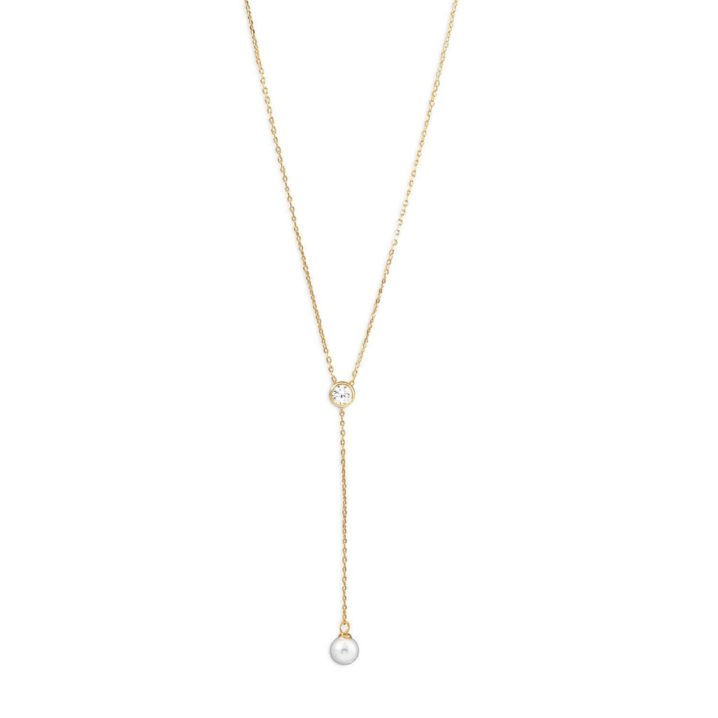 14k Yellow Gold Plated Sterling Silver CZ and Pearl Drop Necklace- Sparkle & Jade-SparkleAndJade.com 34033