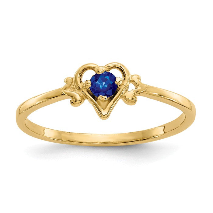 14k Yellow Gold Round Blue Sapphire September Birthstone Heart Ring- Sparkle & Jade-SparkleAndJade.com YC432