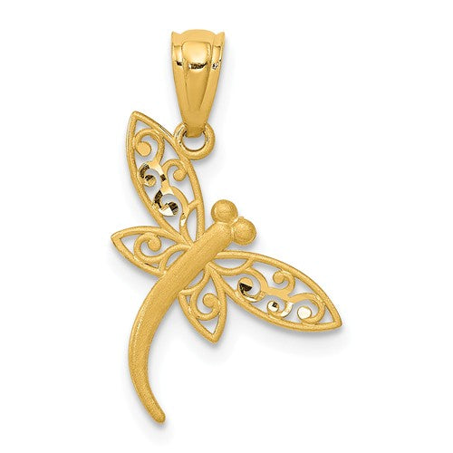 14k Yellow Gold Satin Finish Small Diamond-Cut Dragonfly Pendant- Sparkle & Jade-SparkleAndJade.com YC951