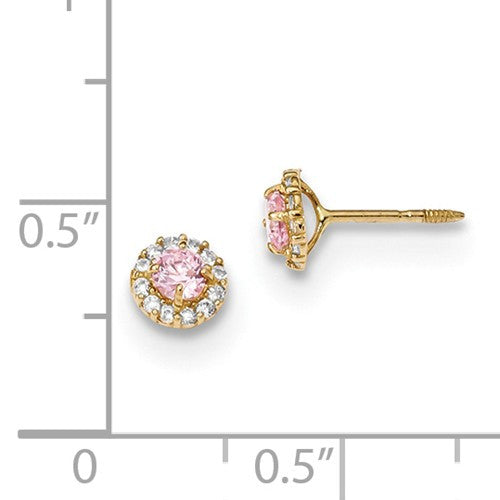 14k Yellow Gold Solid Pink & White CZ Halo Screwback Earrings- Sparkle & Jade-SparkleAndJade.com GK928