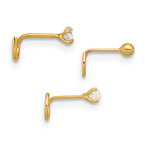 Nose Rings Post 14k Yellow Gold Solid Round CZ, Opal And Ball Nose Ring Post Set ...