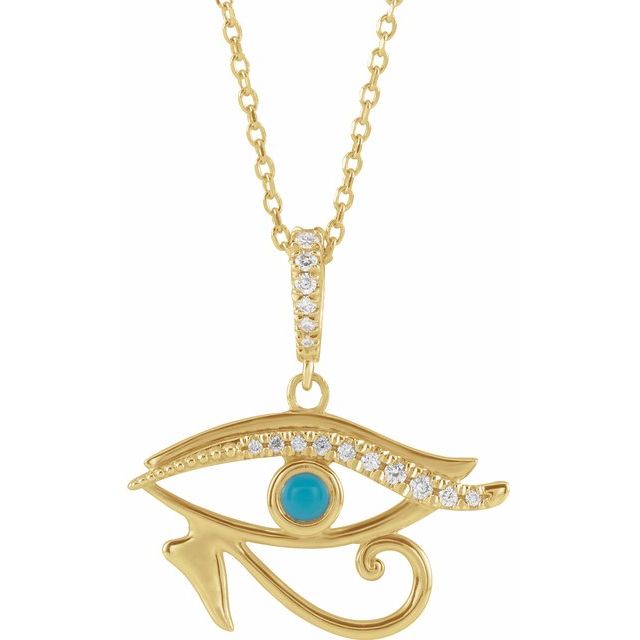 14k Yellow Gold Turquoise & 1/10 CTW Diamond Eye of Horus 16-18" Necklace- Sparkle & Jade-SparkleAndJade.com 87229:127:P