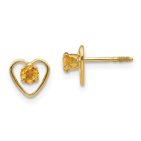 14k Yellow Gold Youth 3mm Birthstone Heart Screwback Earrings- Sparkle & Jade-SparkleAndJade.com GK110