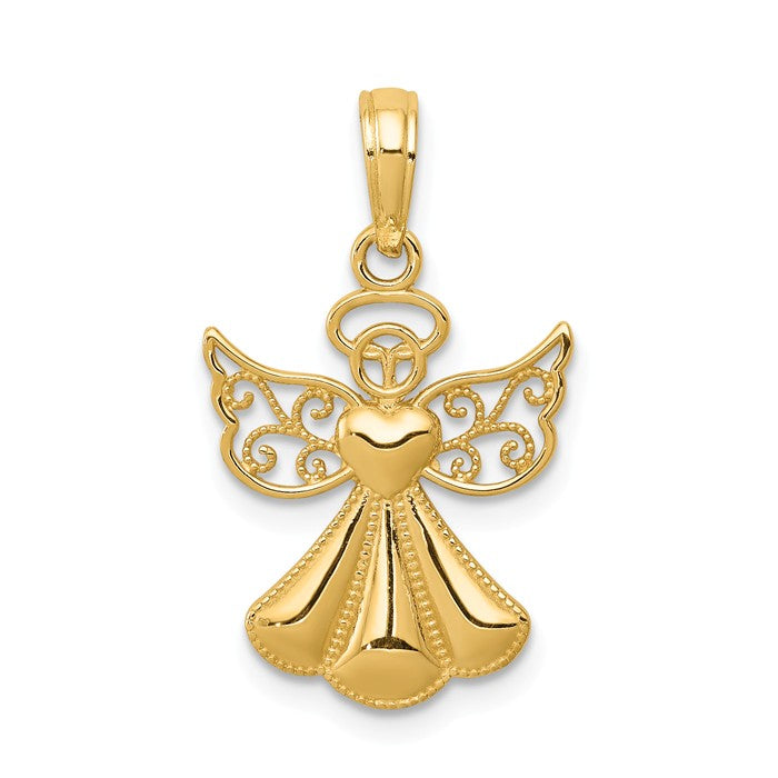 14k Yellow or White Gold Polished And Textured Guardian Angel With Heart Pendant- Sparkle & Jade-SparkleAndJade.com 