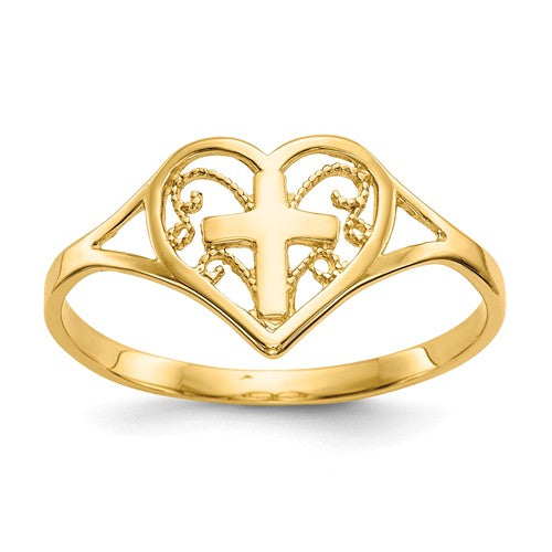14k or 10k Yellow Gold Solid Heart with Cross Ring- Sparkle & Jade-SparkleAndJade.com 