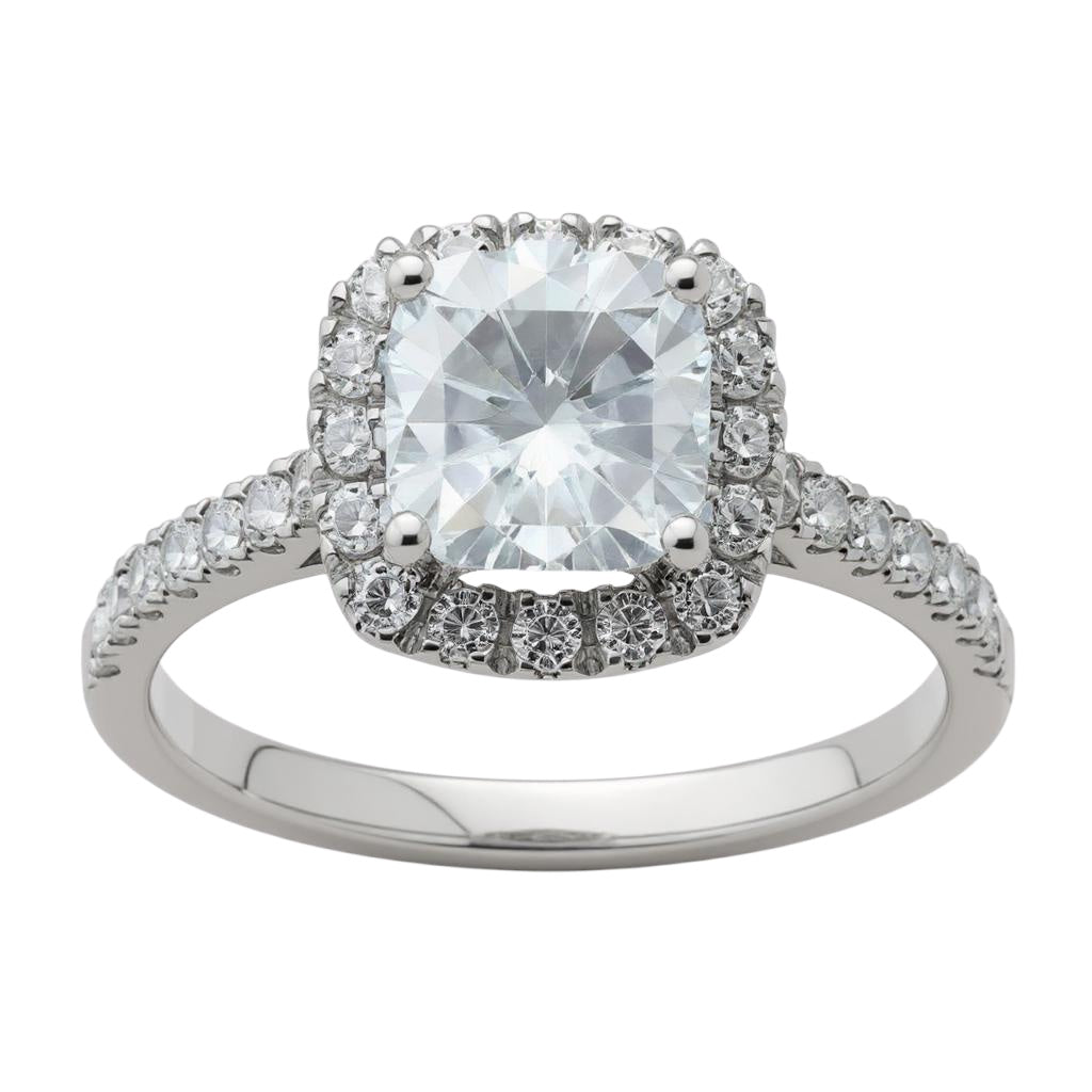 Bague de fiançailles halo de moissanite coussinée en or blanc 14 carat, image size:1024x1024