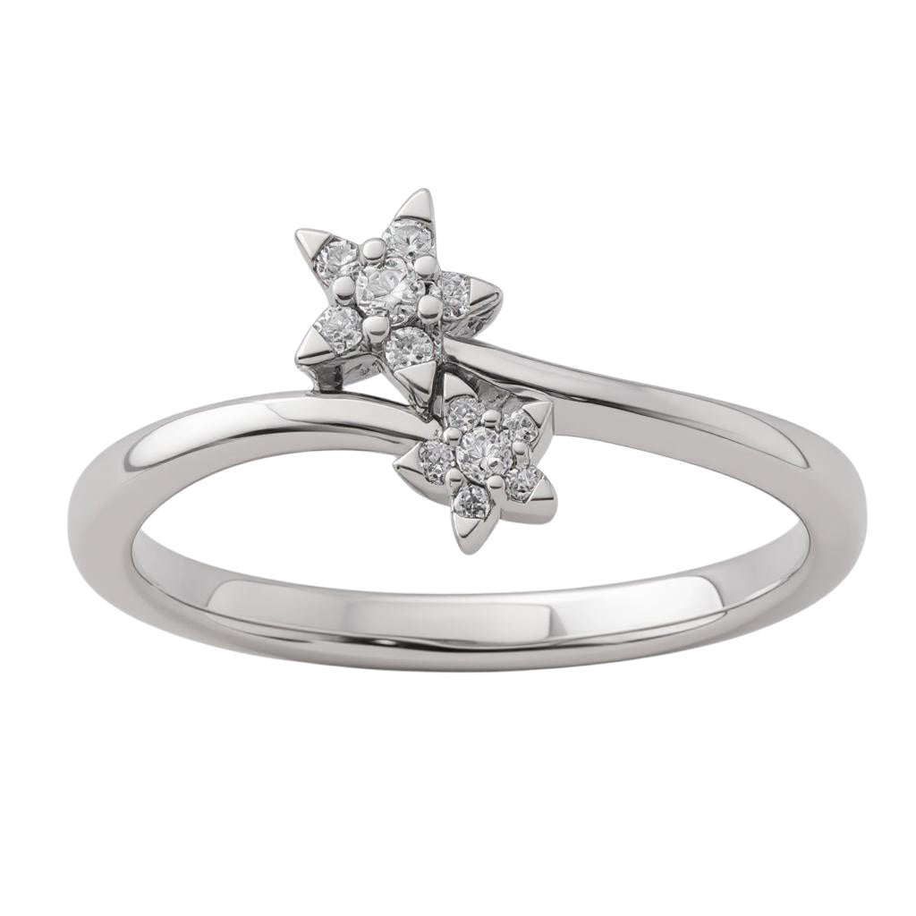 14k White Gold Double Star Bypass Diamond Ring- Sparkle & Jade-SparkleAndJade.com 