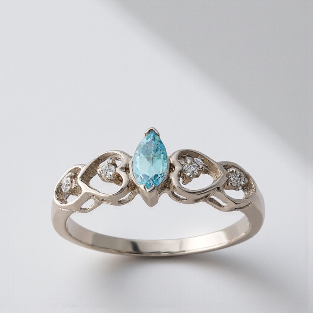 14k White Gold 6x3mm Marquise Swiss Blue Topaz AA Diamond Heart Band Ring- Sparkle & Jade-SparkleAndJade.com 