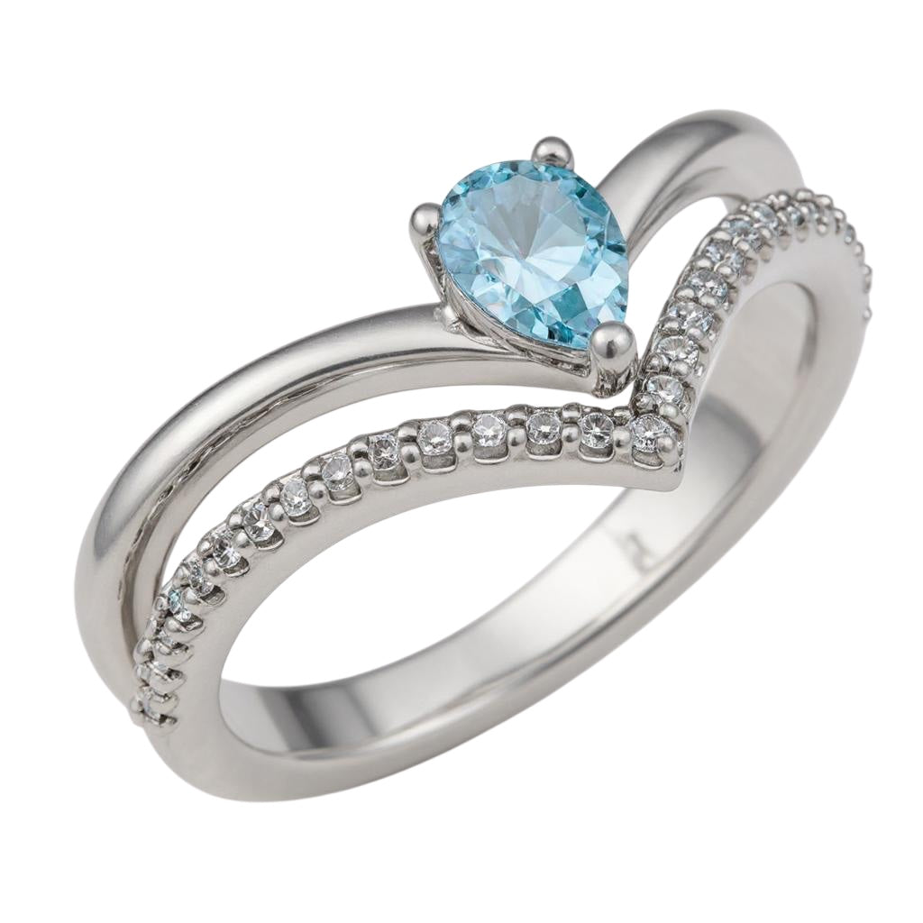 14K White Yellow or Rose Gold Aquamarine Pear & 1/6 CTW Diamond Double V Ring- Sparkle & Jade-SparkleAndJade.com 