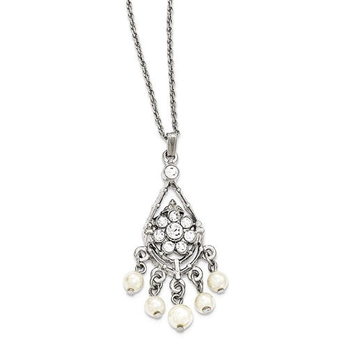 1928 Silver-tone Pearl and Crystal Pendant Necklace- Sparkle & Jade-SparkleAndJade.com 48243 - 24 QG- BF2456