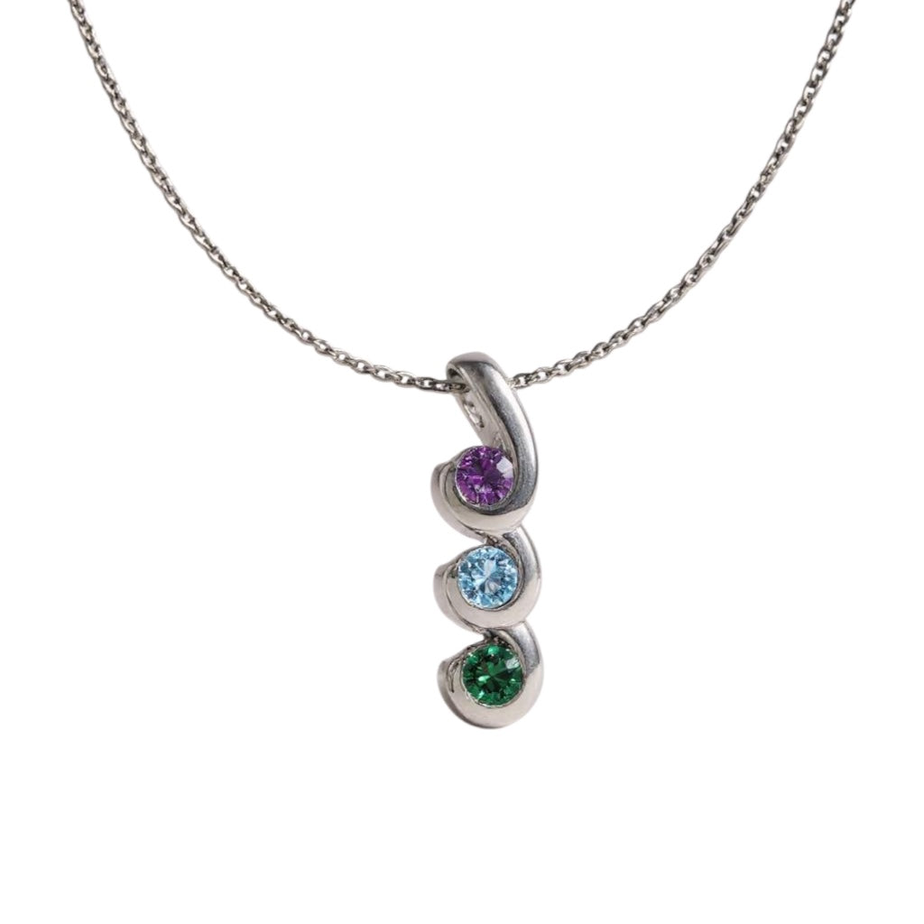 3-Stone Vertical Swirl Chanel Mother's Family Birthstone Pendant or Necklace- Sparkle & Jade-SparkleAndJade.com 