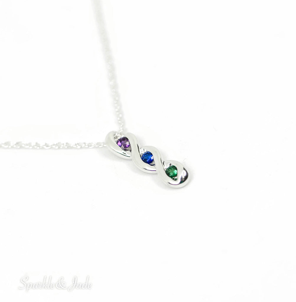 3-Stone Vertical Twist Mother's Family Birthstone Pendant Necklace- Sparkle & Jade-SparkleAndJade.com 