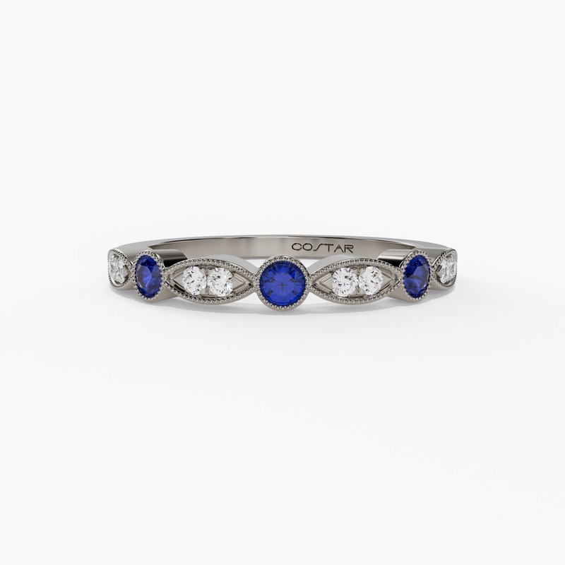 14k White or Yellow Gold Blue Sapphire & Diamond Wedding Anniversary Band R11807WB-BS- Sparkle & Jade-SparkleAndJade.com 