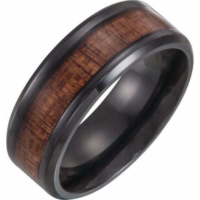 Black Titanium 8 mm Beveled-Edge Comfort-Fit Band with Hawaiian Koa Wood Inlay- Sparkle & Jade-SparkleAndJade.com 51958:605:P