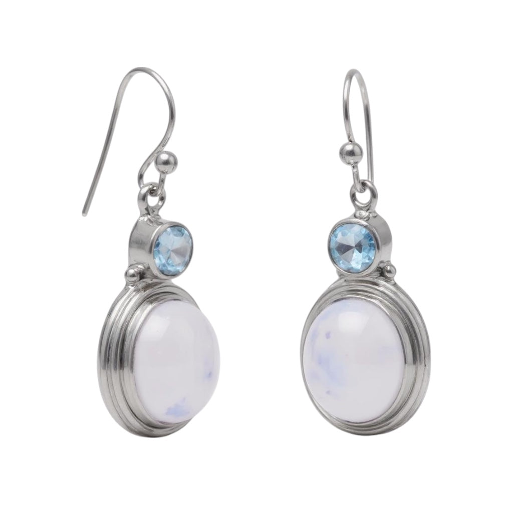 Boucles D'oreilles Pendantes En Argent Sterling 925 Avec Topaze Bleue Ovale Et Accent Diamant - Dormeuses