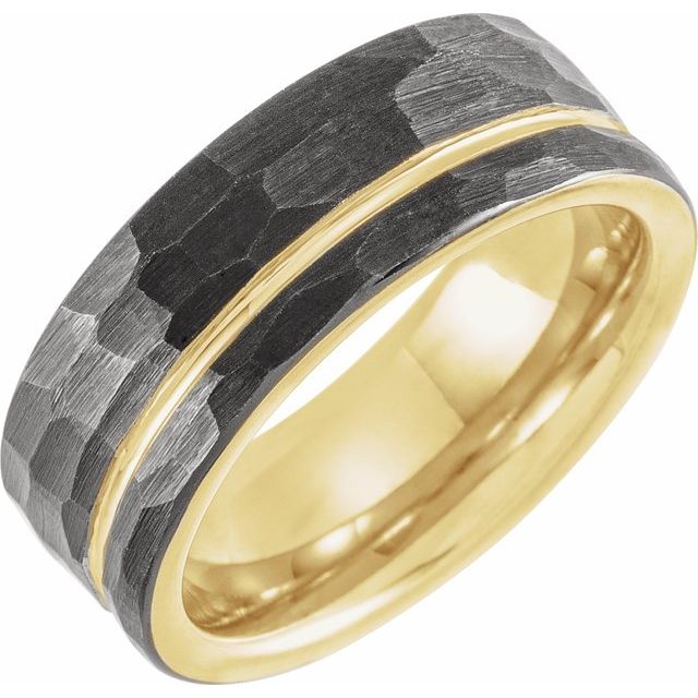 Black & 18K Yellow Gold PVD Tungsten 8 mm Grooved Band With Hammer Finish- Sparkle & Jade-SparkleAndJade.com 