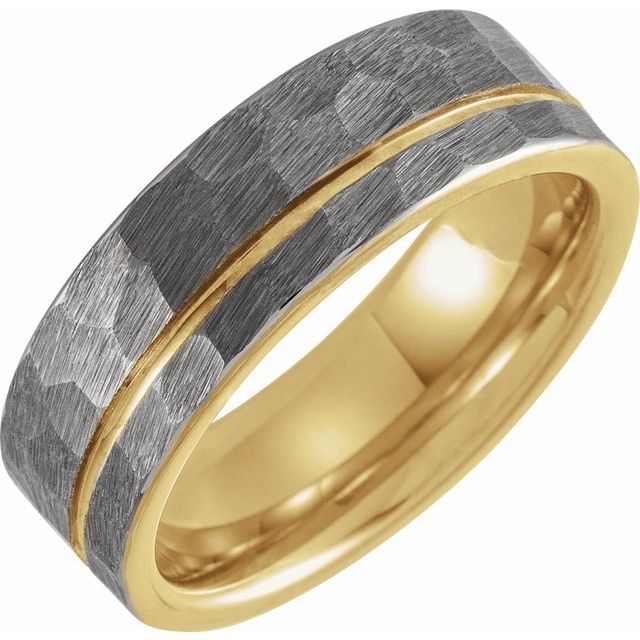 18K Yellow Gold PVD Tungsten 8 mm Grooved Band with Hammer Finish- Sparkle & Jade-SparkleAndJade.com 