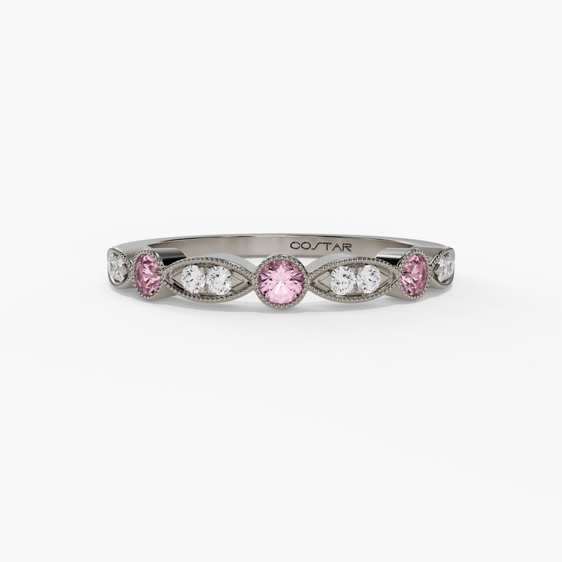 14k White Rose or Yellow Gold Pink Tourmaline & Diamond Anniversary Wedding Band R11807WB-PTM- Sparkle & Jade-SparkleAndJade.com 