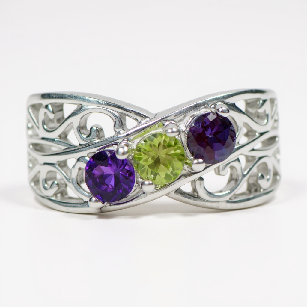 Filigree Lined 4mm Stone Mother's Family Birthstone Ring- Sparkle & Jade-SparkleAndJade.com 