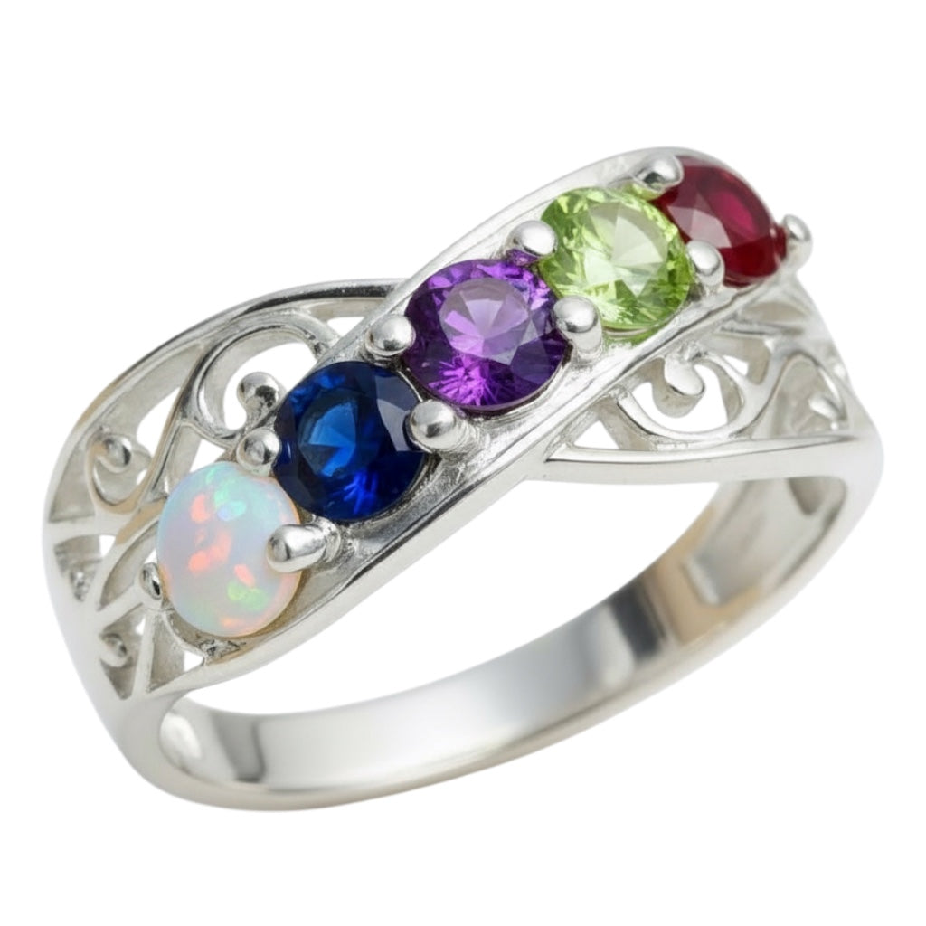 Filigree Lined 4mm Stone Mother's Family Birthstone Ring- Sparkle & Jade-SparkleAndJade.com 