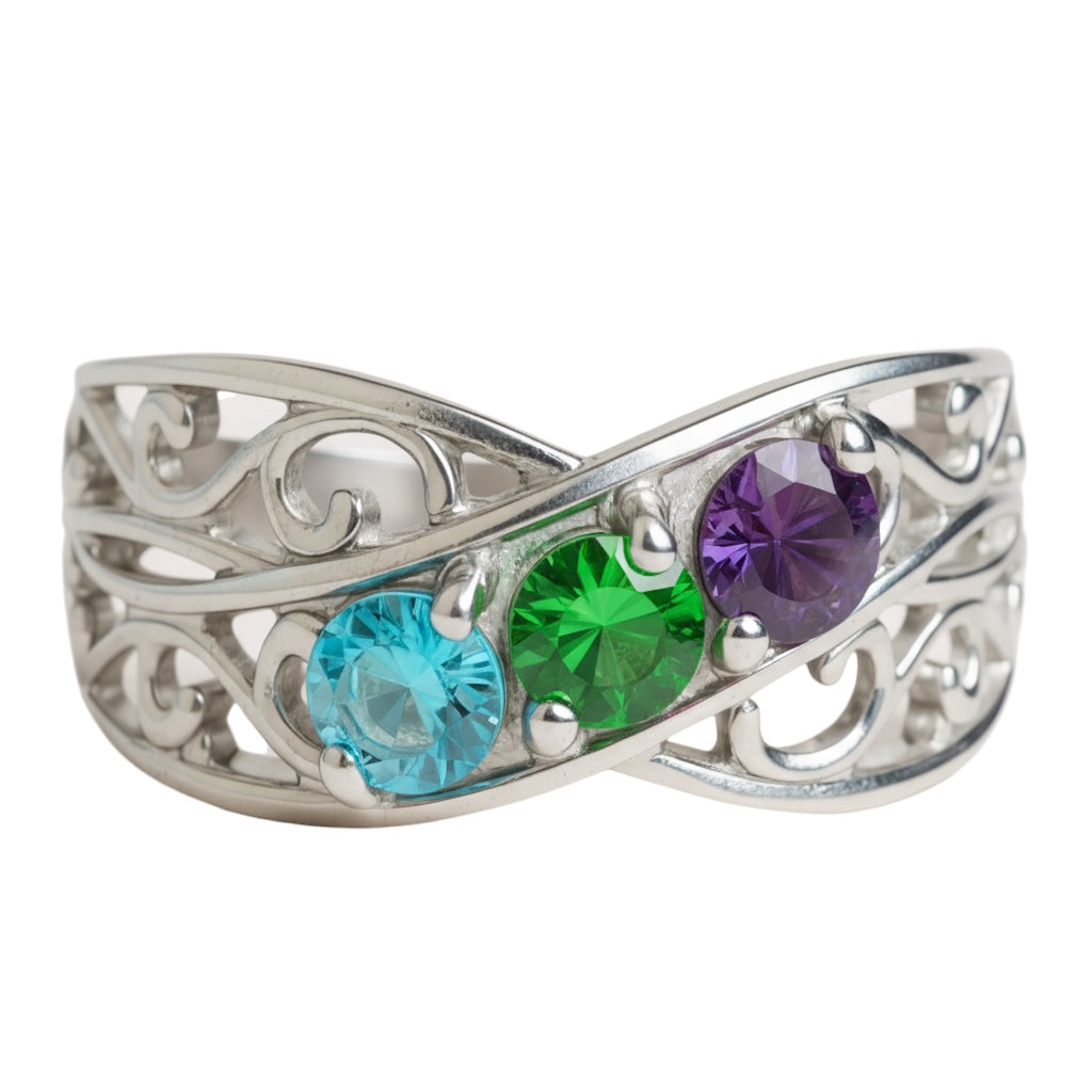 Filigree Lined 4mm Stone Mother's Family Birthstone Ring- Sparkle & Jade-SparkleAndJade.com 