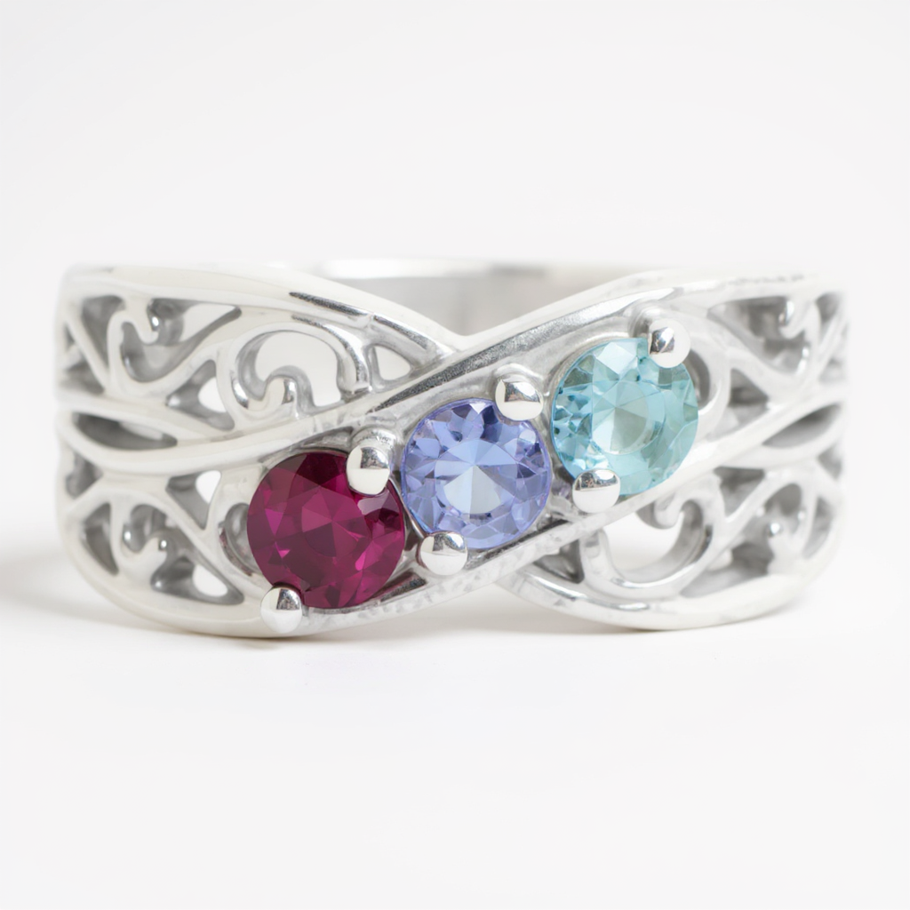 Filigree Lined 4mm Stone Mother's Family Birthstone Ring- Sparkle & Jade-SparkleAndJade.com 