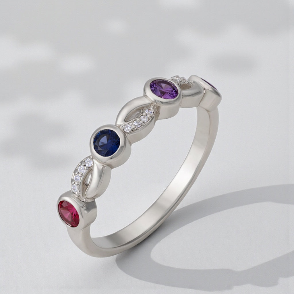 Round Bezel Set Diamond Accented Infinity Mother's Family Birthstone Ring- Sparkle & Jade-SparkleAndJade.com 