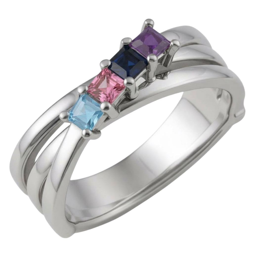 Crossed Band Square Stone Mother's Family Birthstone Ring- Sparkle & Jade-SparkleAndJade.com 