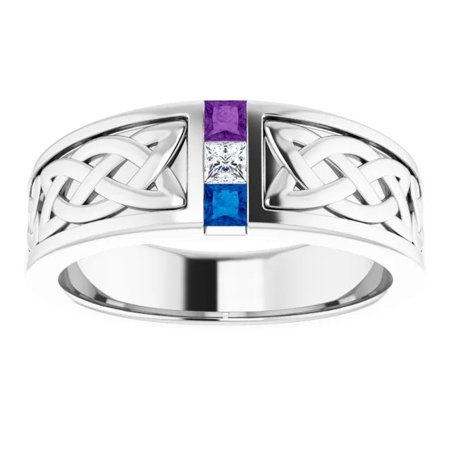 Men's Family Birthstone 3 Stone Channel Set Celtic Design Ring- Sparkle & Jade-SparkleAndJade.com 