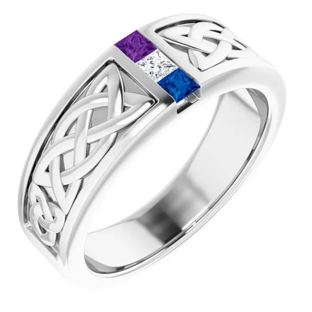 Men's Family Birthstone 3 Stone Channel Set Celtic Design Ring- Sparkle & Jade-SparkleAndJade.com 