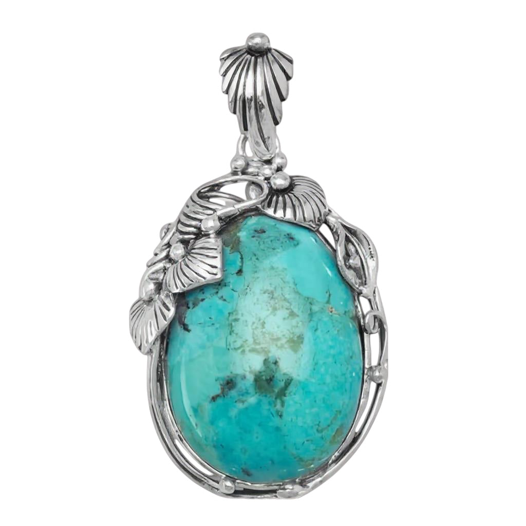 Sterling Silver Oval Turquoise Floral Pendant- Sparkle & Jade-SparkleAndJade.com 