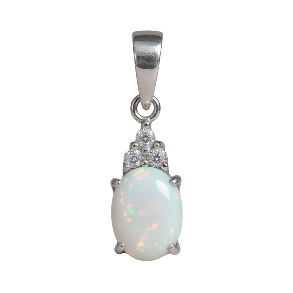 Sterling Silver 7x9mm Australian Opal and White Topaz Pendant- Sparkle & Jade-SparkleAndJade.com 