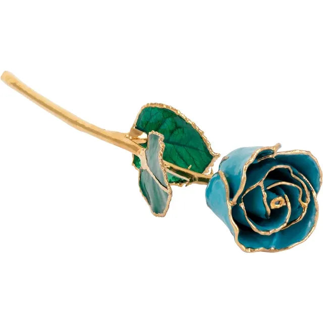 March Aquamarine Colored Lacquered Birthstone Rose with Gold Trim- Sparkle & Jade-SparkleAndJade.com 