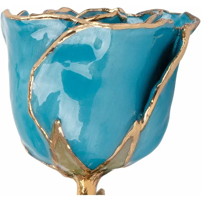 March Aquamarine Colored Lacquered Birthstone Rose with Gold Trim- Sparkle & Jade-SparkleAndJade.com 