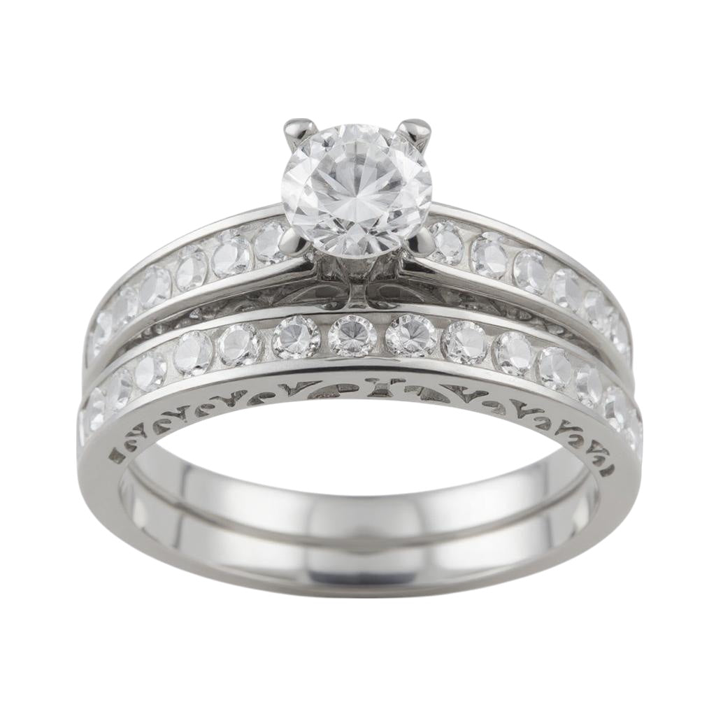 Sterling Silver CZ Engagement Ring and Wedding Band Set, image size:1024x1024