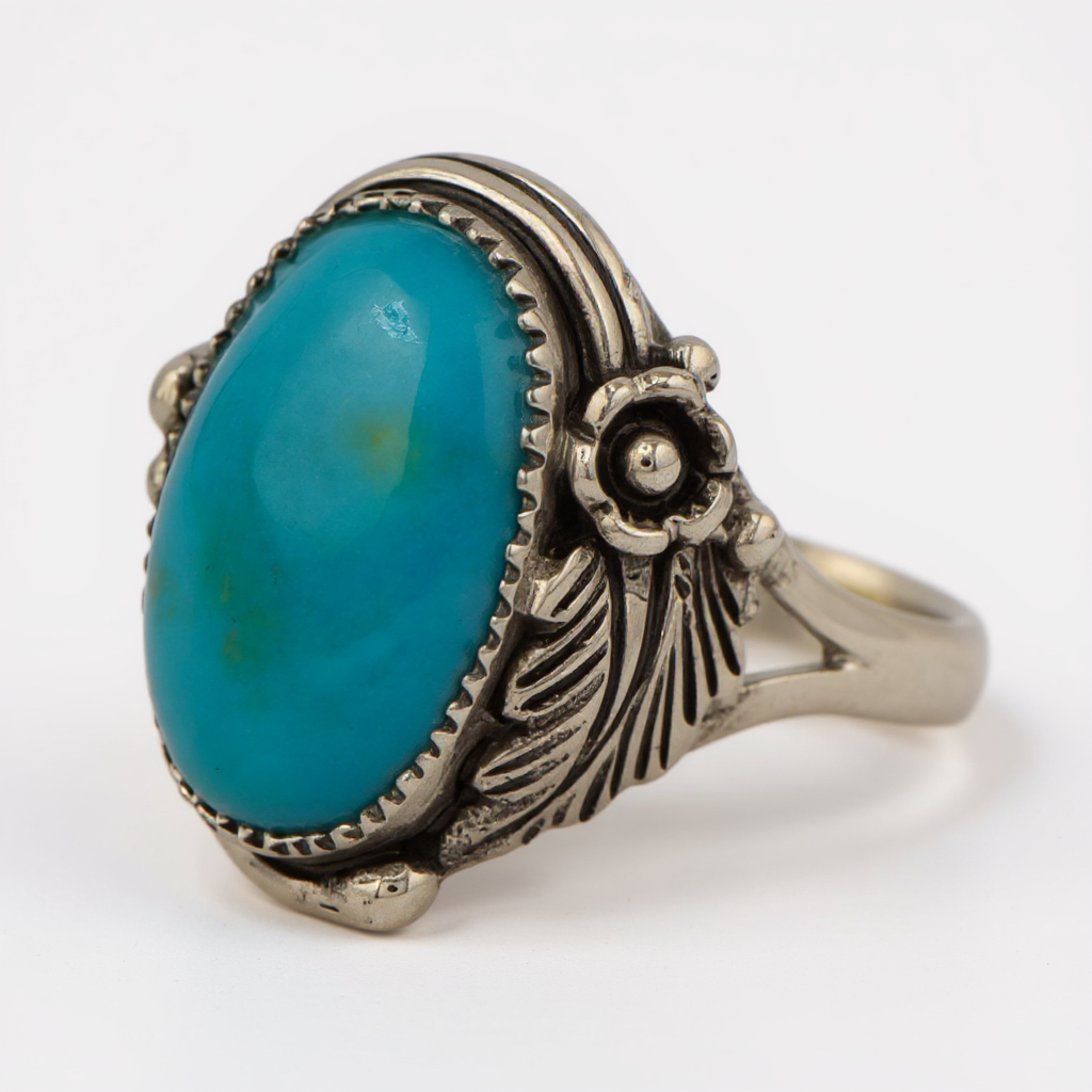 Sterling Silver Oval Turquoise Floral Design Ring- Sparkle & Jade-SparkleAndJade.com 