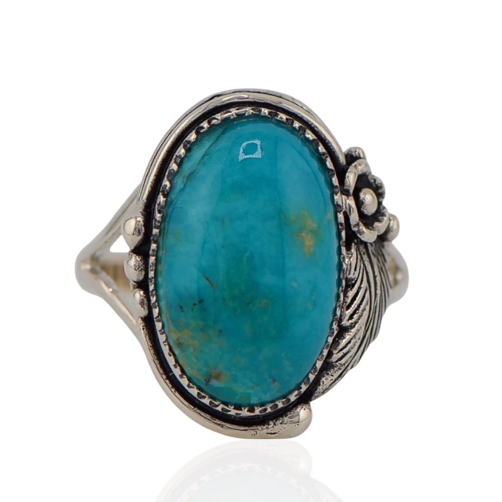 Sterling Silver Oval Turquoise Floral Design Ring- Sparkle & Jade-SparkleAndJade.com 