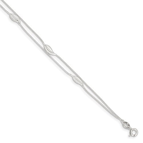 .925 Sterling Silver Double Chain Feather 9" Anklet with 1" Extender- Sparkle & Jade-SparkleAndJade.com QG4217-9