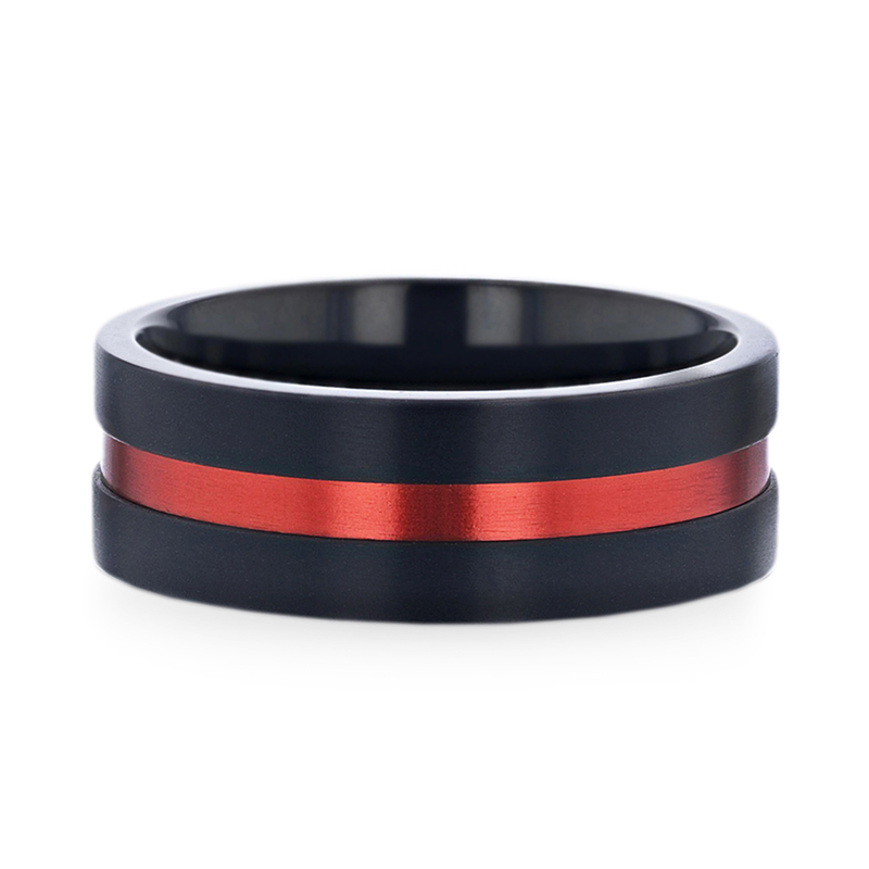 Thorsten BLAZE Flat Brushed Black Titanium Men's Wedding Band With Red Aluminum Groove Brushed Center - 8mm- Sparkle & Jade-SparkleAndJade.com 