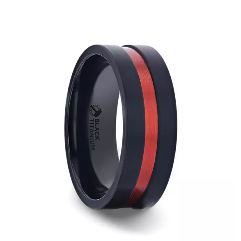 Thorsten BLAZE Flat Brushed Black Titanium Men's Wedding Band With Red Aluminum Groove Brushed Center - 8mm- Sparkle & Jade-SparkleAndJade.com 