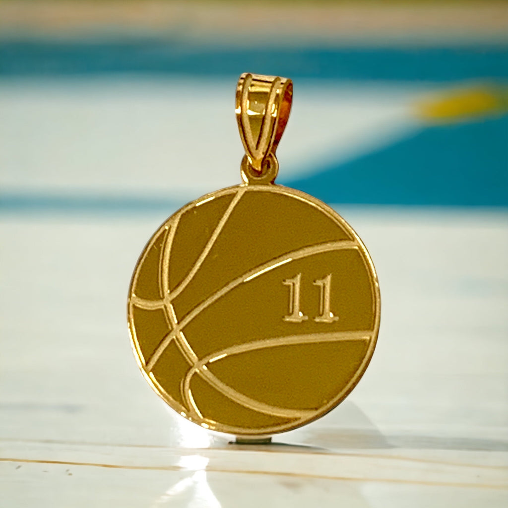 Basketball with Number and Engraved Name Pendant - Sterling Silver or Solid Gold- Sparkle & Jade-SparkleAndJade.com 