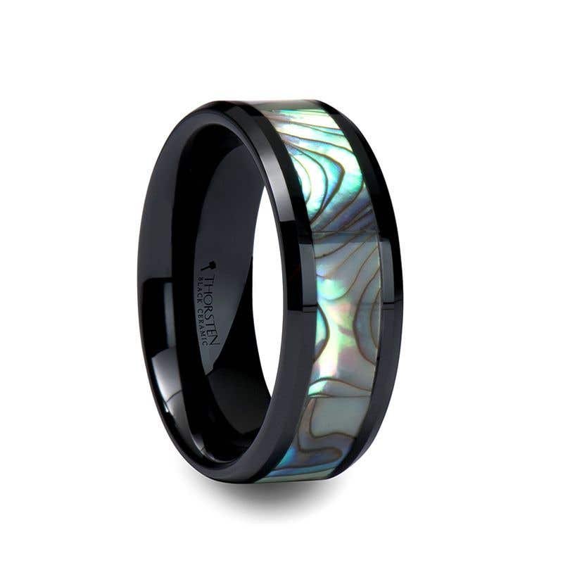 Beveled Black Ceramic Ring with Shell Inlay - 8mm - Oahu- Sparkle & Jade-SparkleAndJade.com 